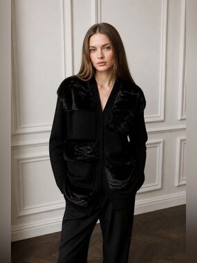 Adrienne Landau NWT Jet Black Faux Fur Open Cardigan Accent Sweater